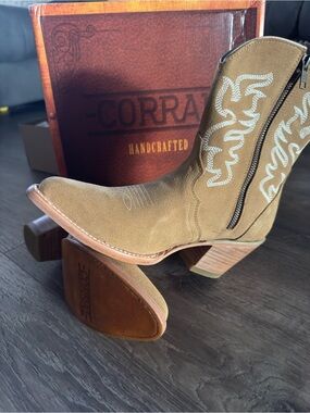 Corral Tan Suede Western Ankle Boots with White Embroidery